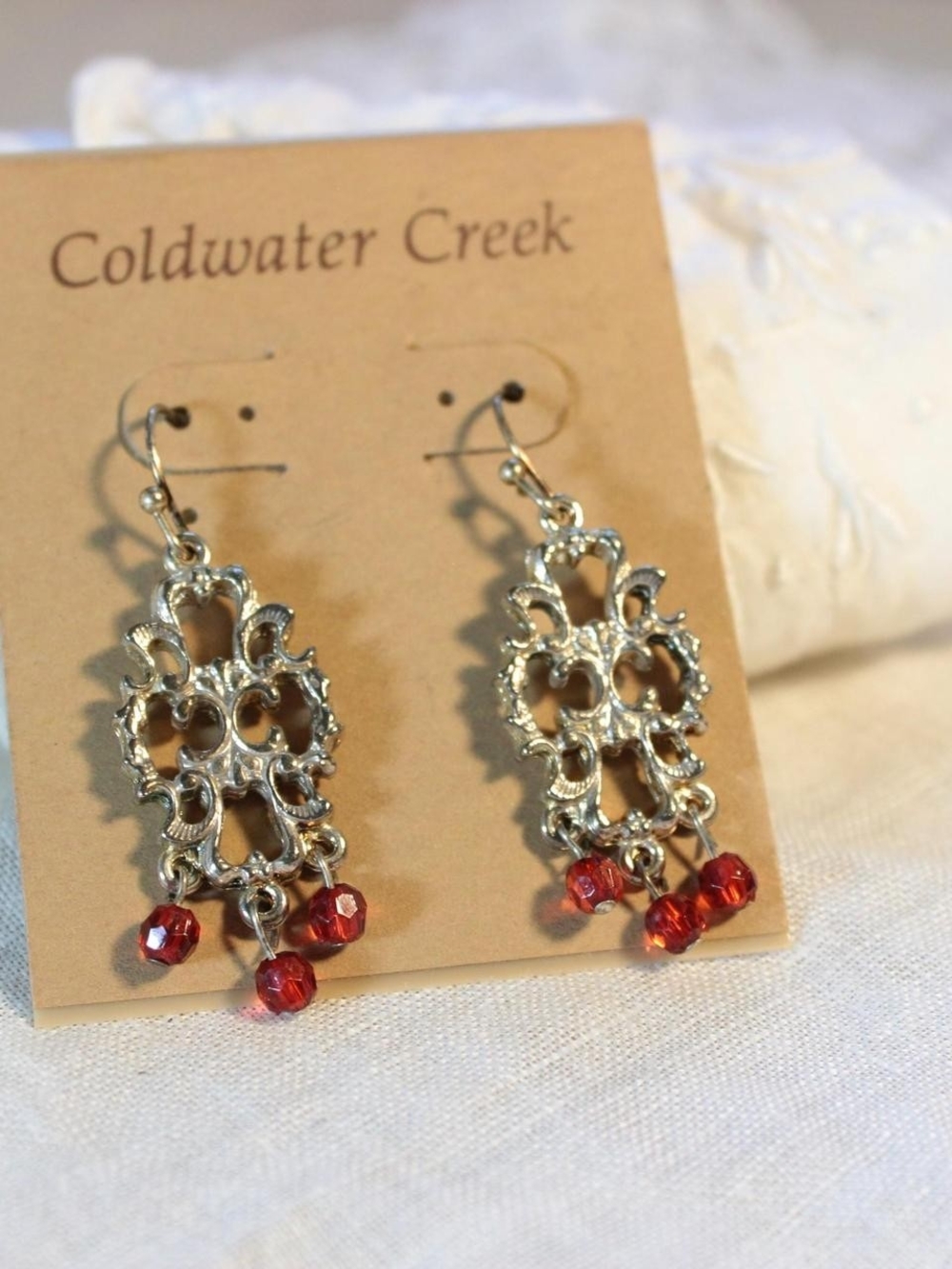 Coldwater Creek Silver Filigree Dangle Earrings with Red Beads